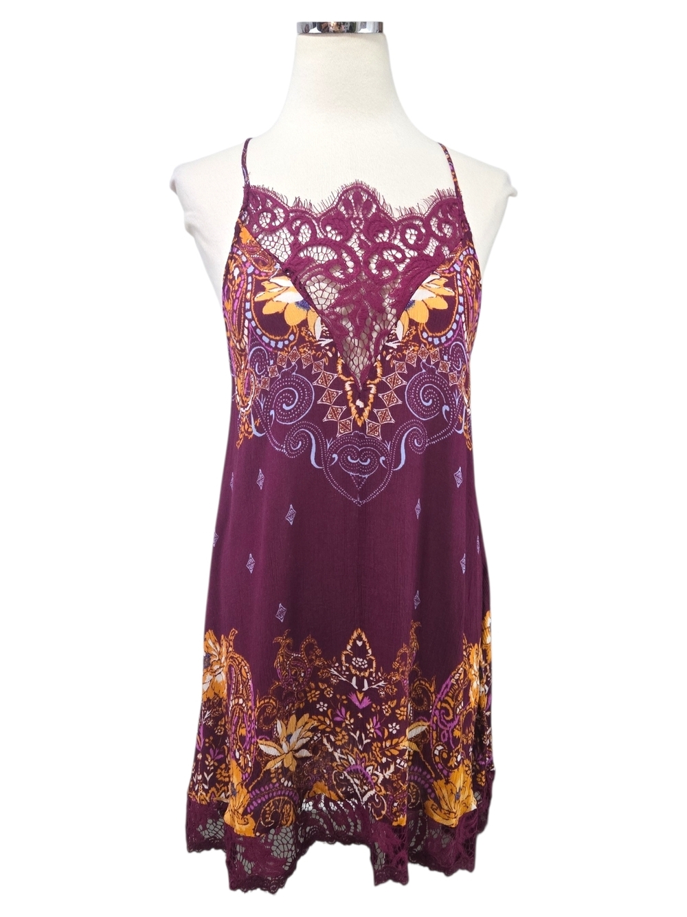 FREE PEOPLE Who’s Sorry Now Floral Lace Mini Slip Dress Wine Red Size Small